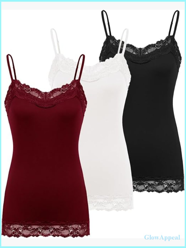 3 Pack Adjustable Spaghetti Strap Lace Trim Cami Tunic Tank Top